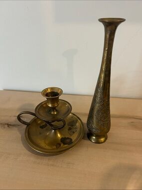 Brass Taper Vase and Chamberstick Candle Holder - Brass Finish